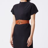 Tan elastic-backed faux leather belt with gold buckle